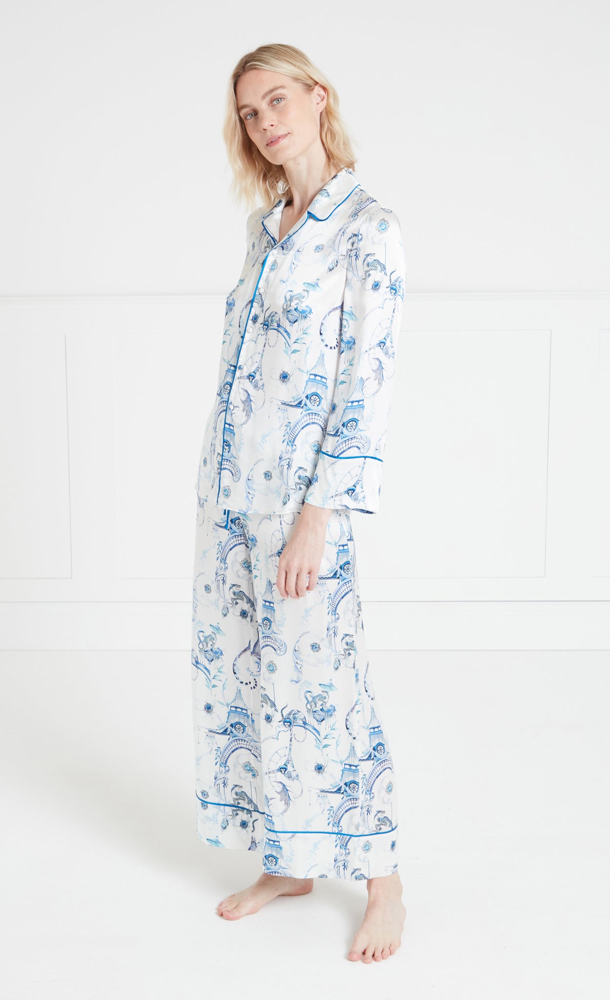 Aphrodite Long Sleeve Pyjama Top - White/Blue-Euphoria