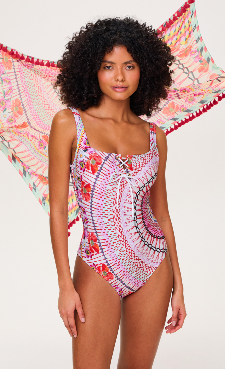 Pomegranate Square Neck One Piece Swimsuit - Pink Mix