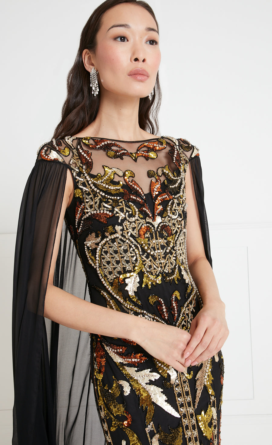 Novella Embellished Cape Gown - Black