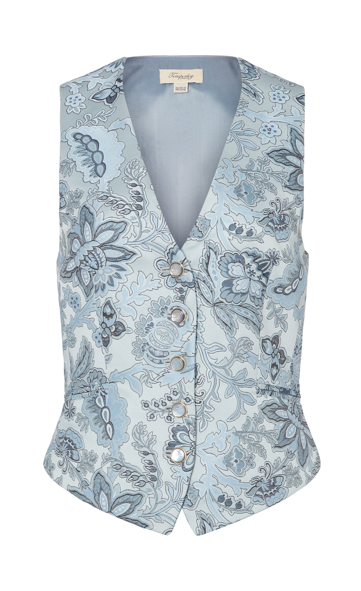 Jupe TEMPERLEY LONDON – Brocart Jacquard Bleu Clair – Taille UK 8 / FR 36 – Évasée – Neuf Sans étiquettes