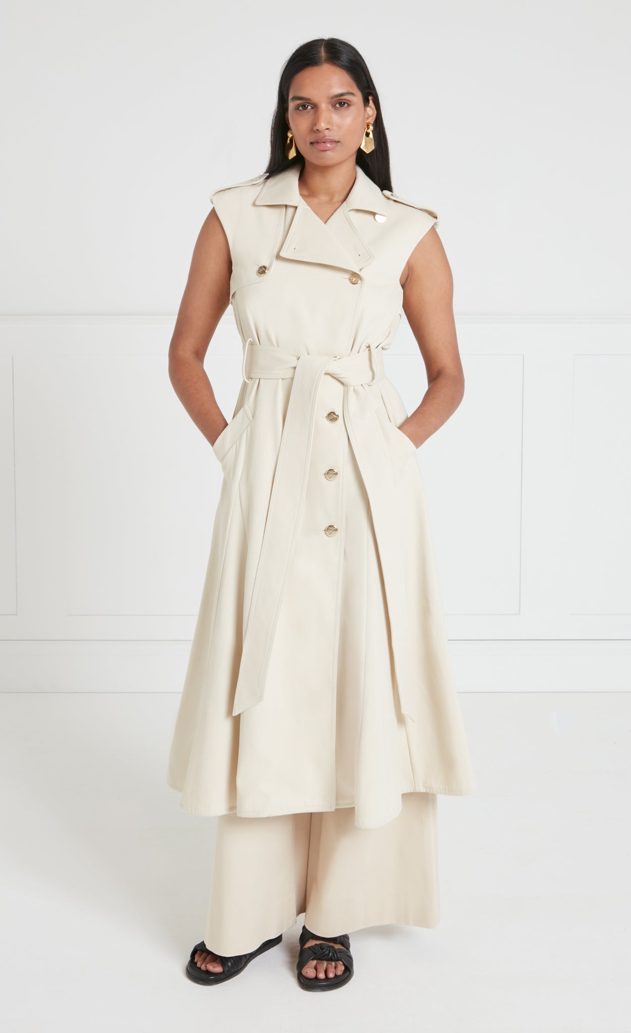 Javier Sleeveless Trench Coat - Sandy Cream | Coats