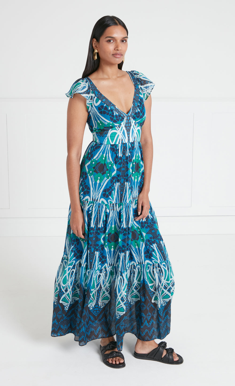 Monikh V-Neck Dress - Blue/Green Mix