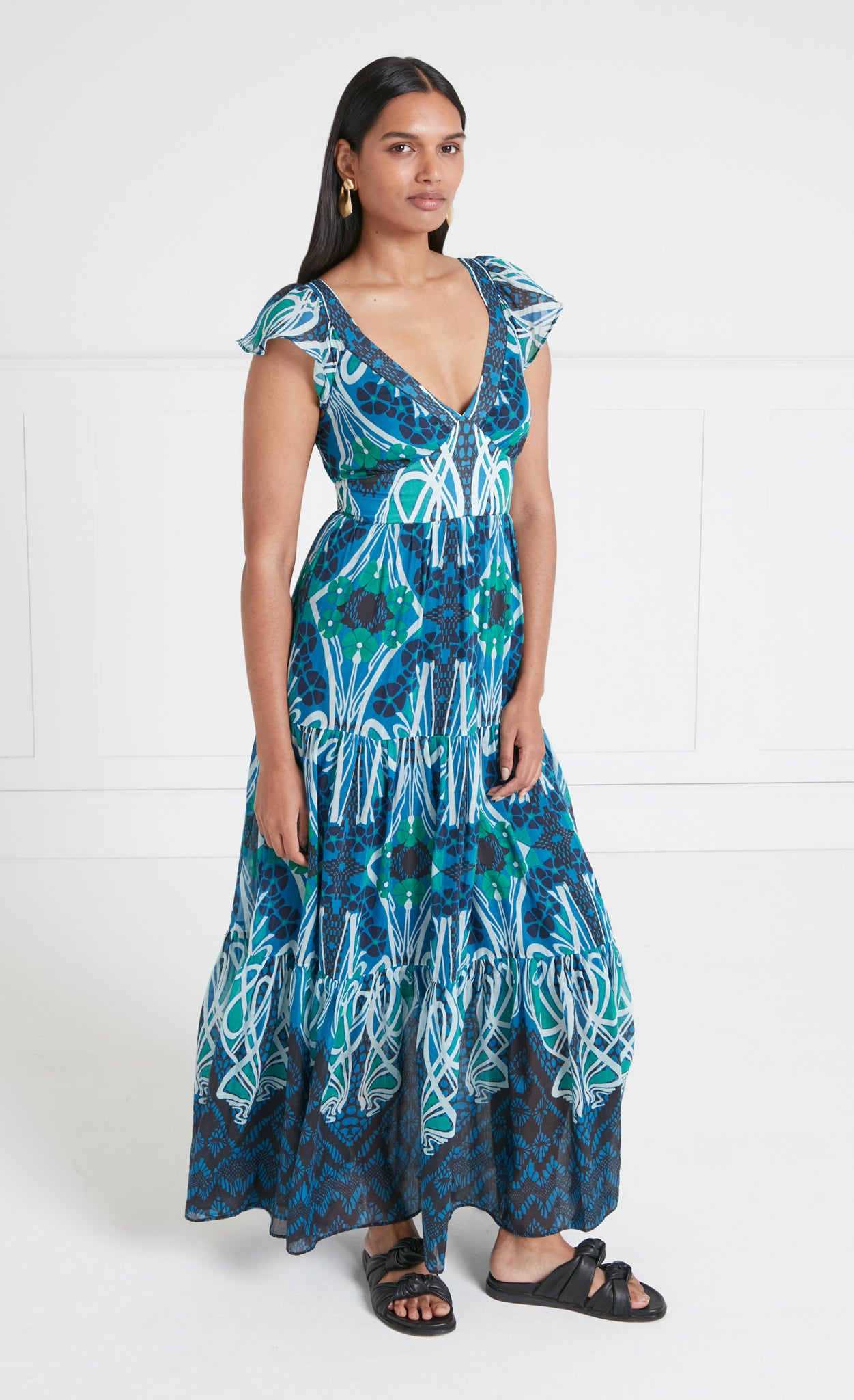 Monikh V-Neck Dress - Blue/Green Mix