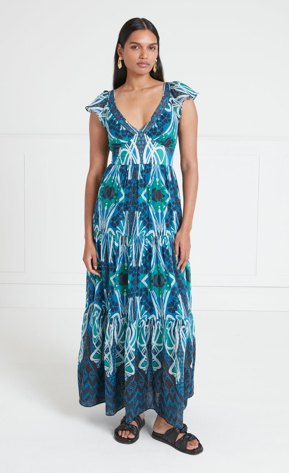 Monikh V-Neck Dress - Blue/Green Mix