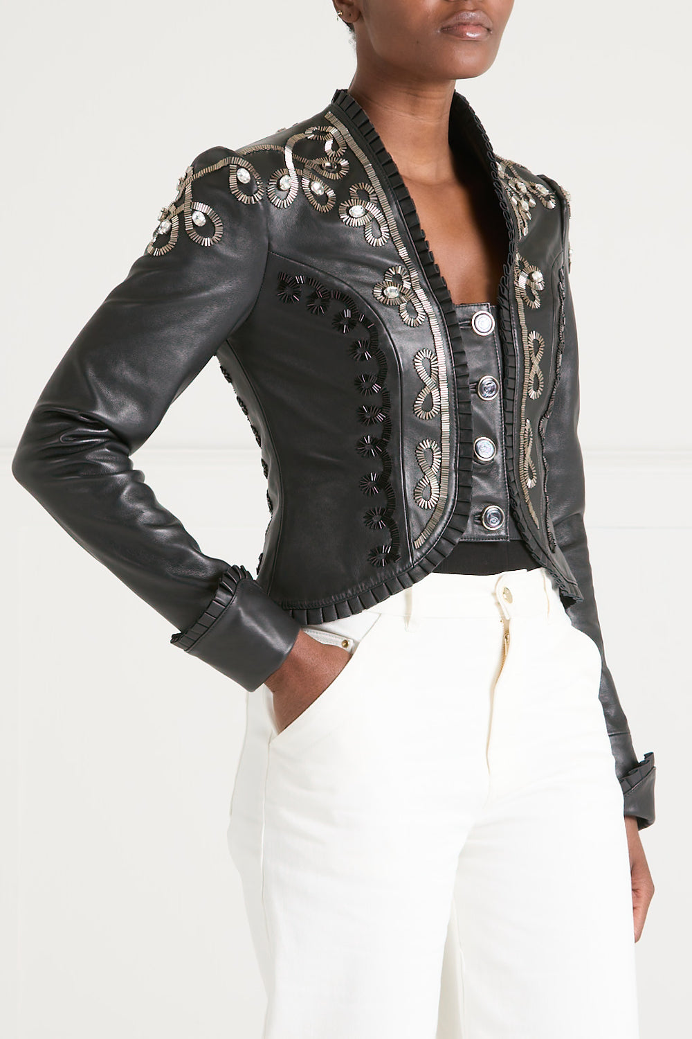 Balthazar Leather Embroidery Jacket - Black