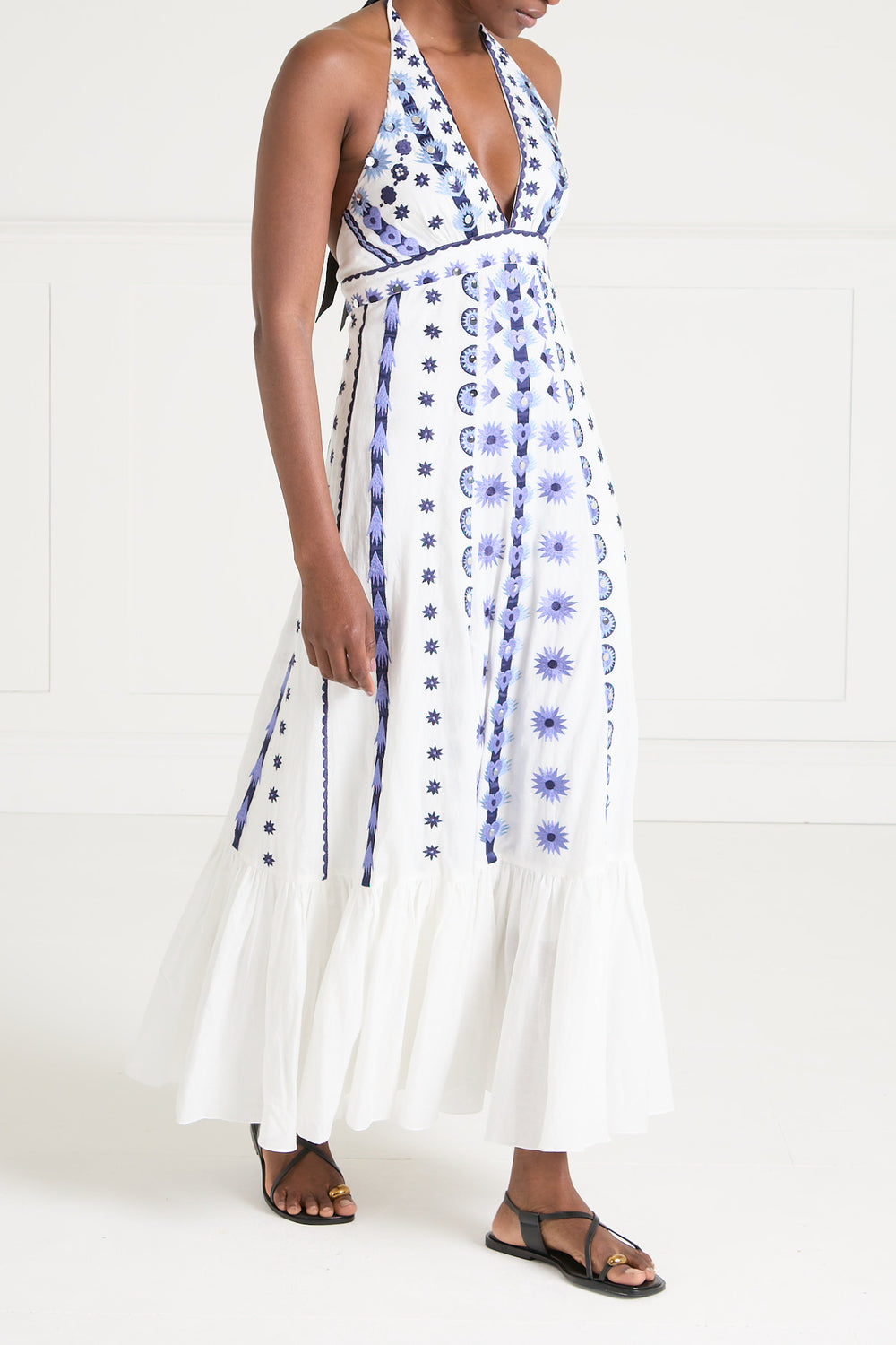 Edith Halter Dress - White & Blue