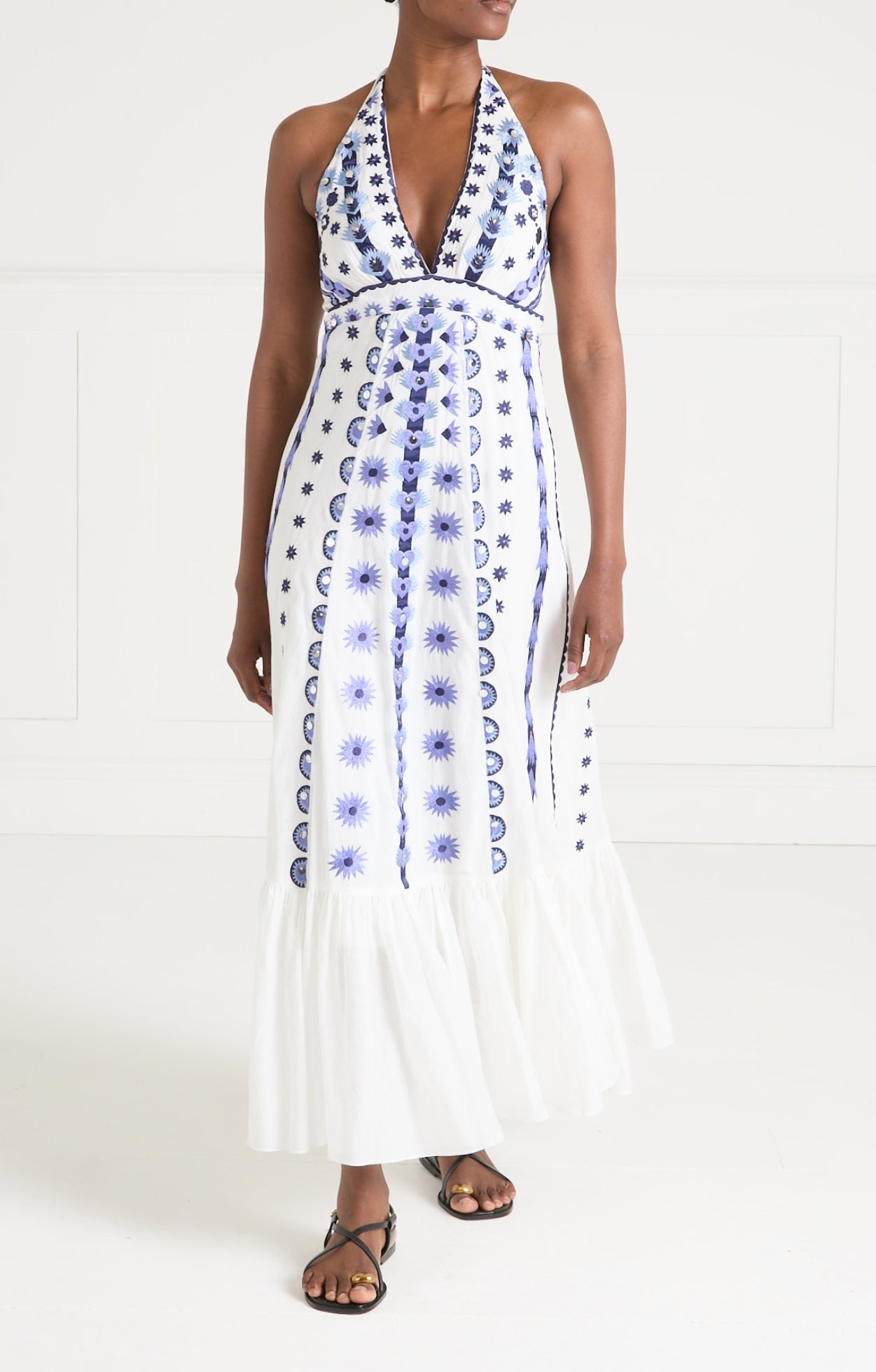 Edith Halter Dress - White & Blue