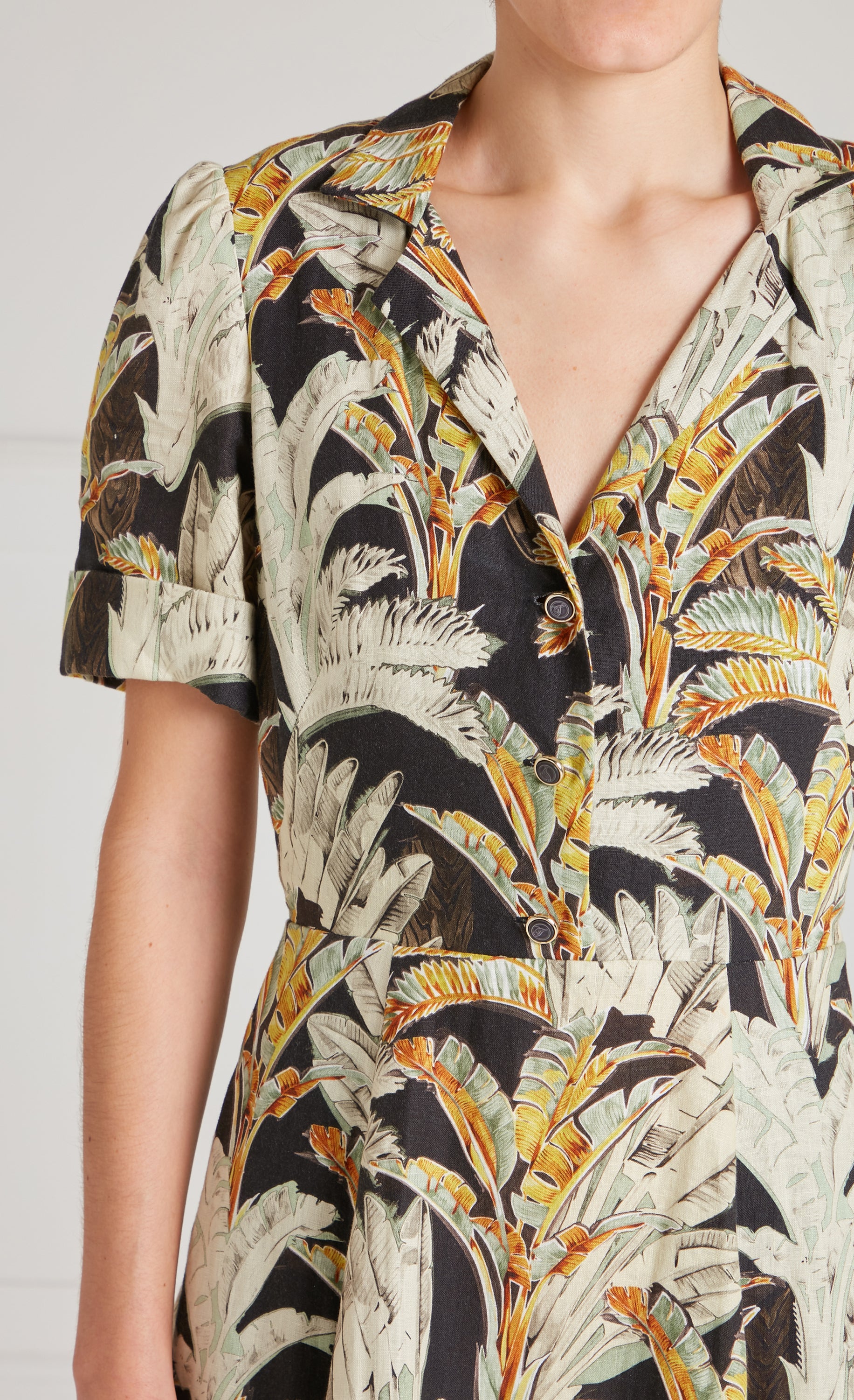 Baxter Linen Sleeved Dress - Black & Khaki