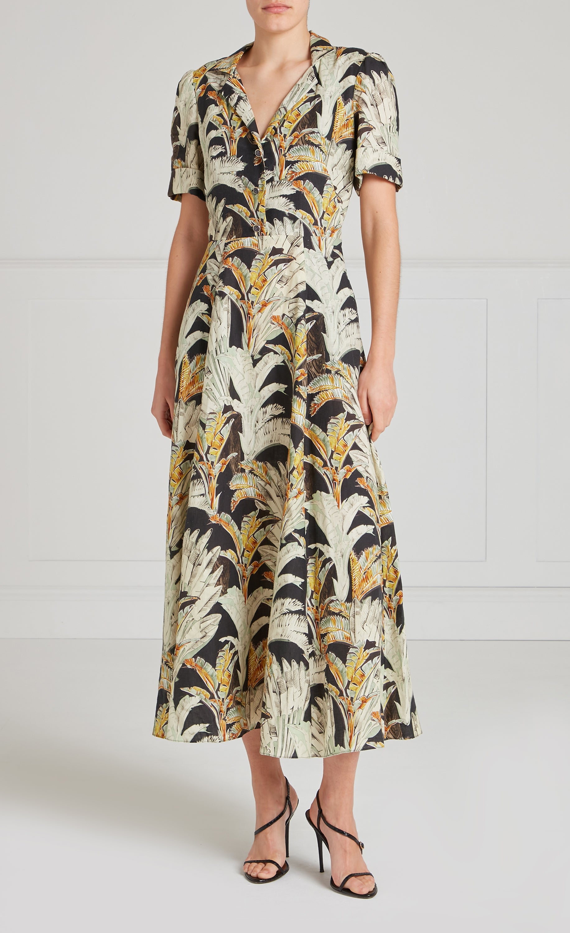 Baxter Linen Sleeved Dress - Black & Khaki