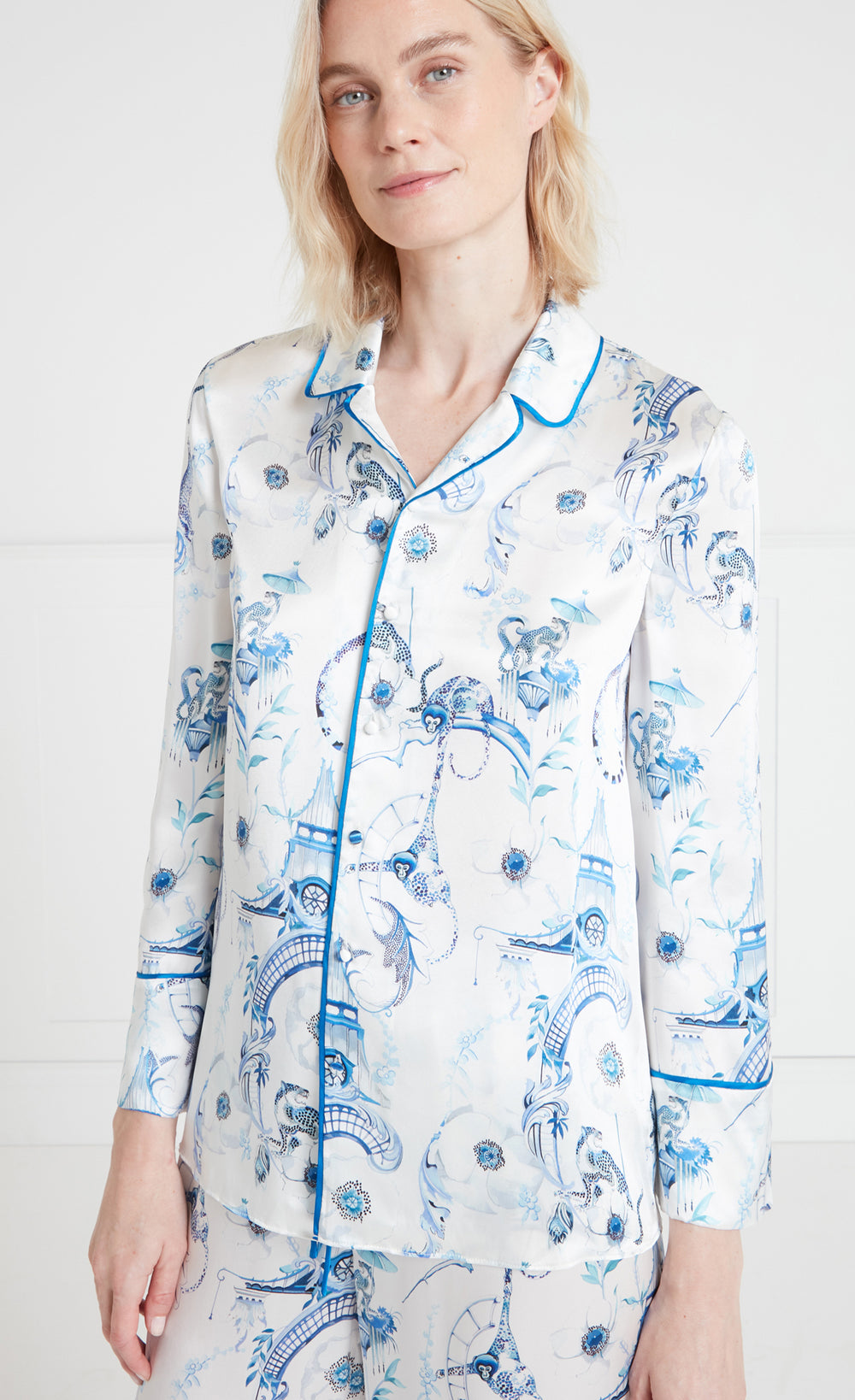 Aphrodite Long Sleeve Pyjama Top - White/Blue-Euphoria