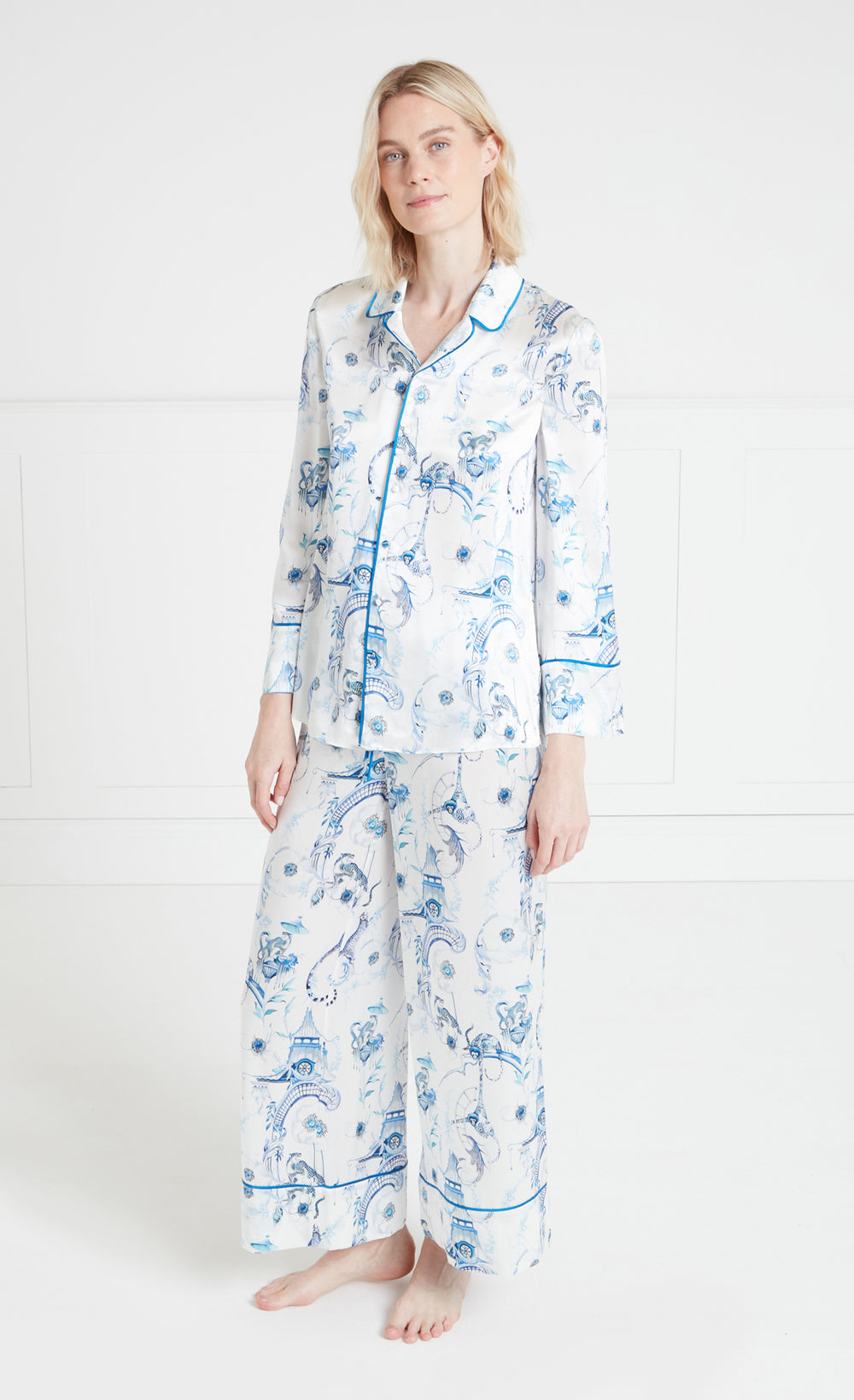 Aphrodite Long Pyjama Bottoms - White/Blue-Euphoria