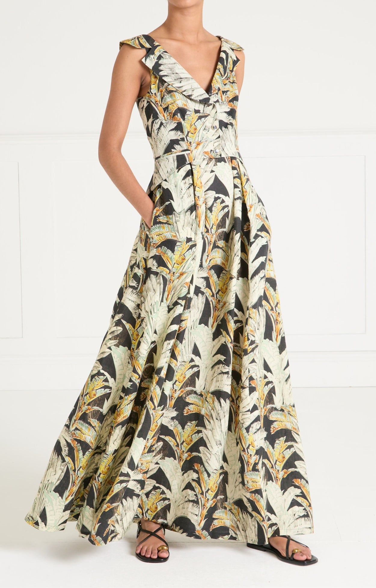 Baxter Linen Full-Length Dress - Black & Khaki