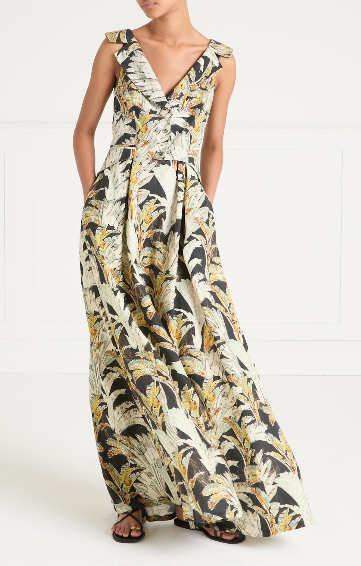 Baxter Linen Full-Length Dress - Black & Khaki
